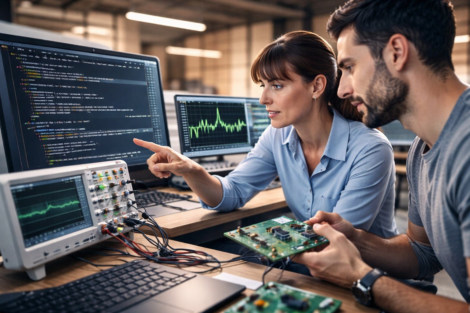 Embedded system design and firmware development engineers working with oscilloscope and PCB at Knowx Innovations Bangalore